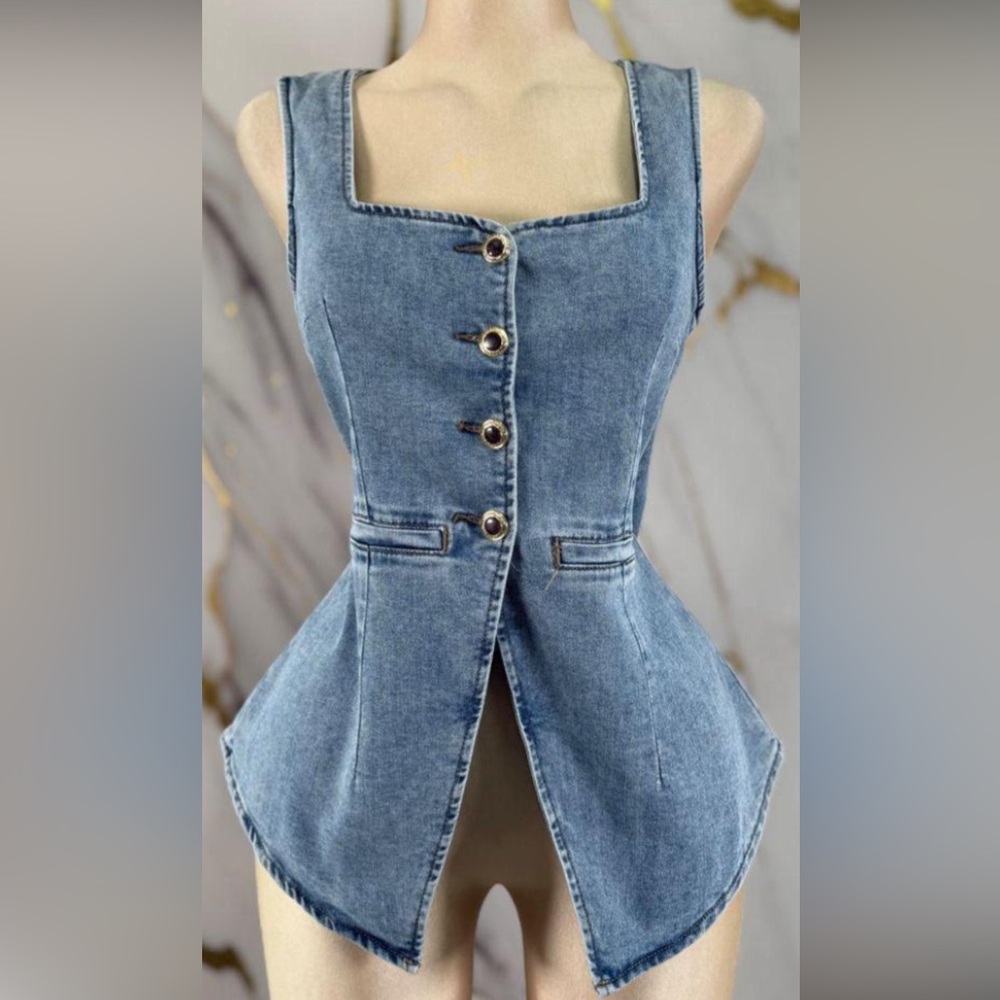 Slim-Fit Denim Vest Top in Blue with Front Buttons - Picture 1 of 5
